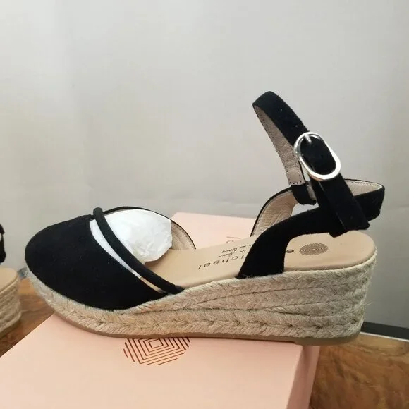 Eric Michael Emily Black Suede Leather Espadrille Platform Sandal